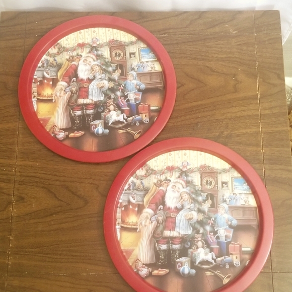 2 13 Inch Tin Christmas Cookie Trays with Santa Claus and Kids, Red - Picture 1 of 7